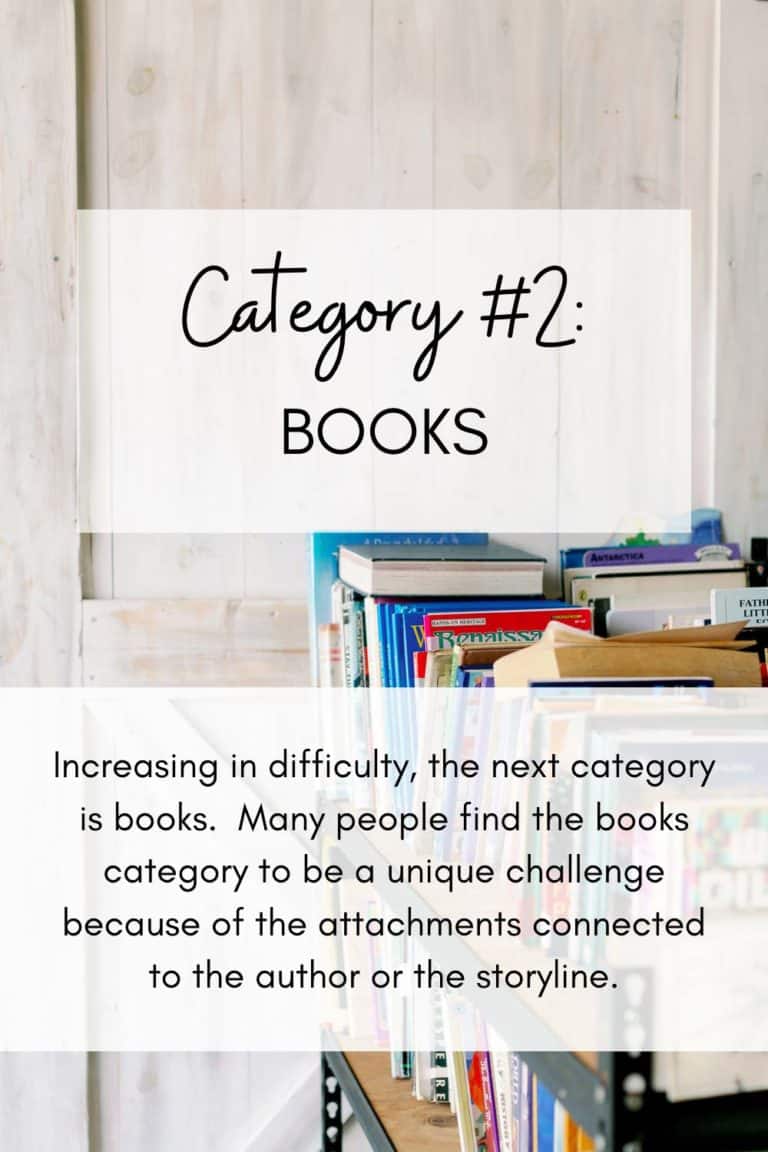 Category 2 books image of books on shelf with text overlay explaining the category of the KonMari method