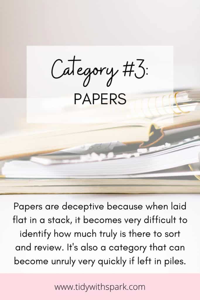 Category 3 papers image of pile of papers with text overlay explaining the category of the KonMari method