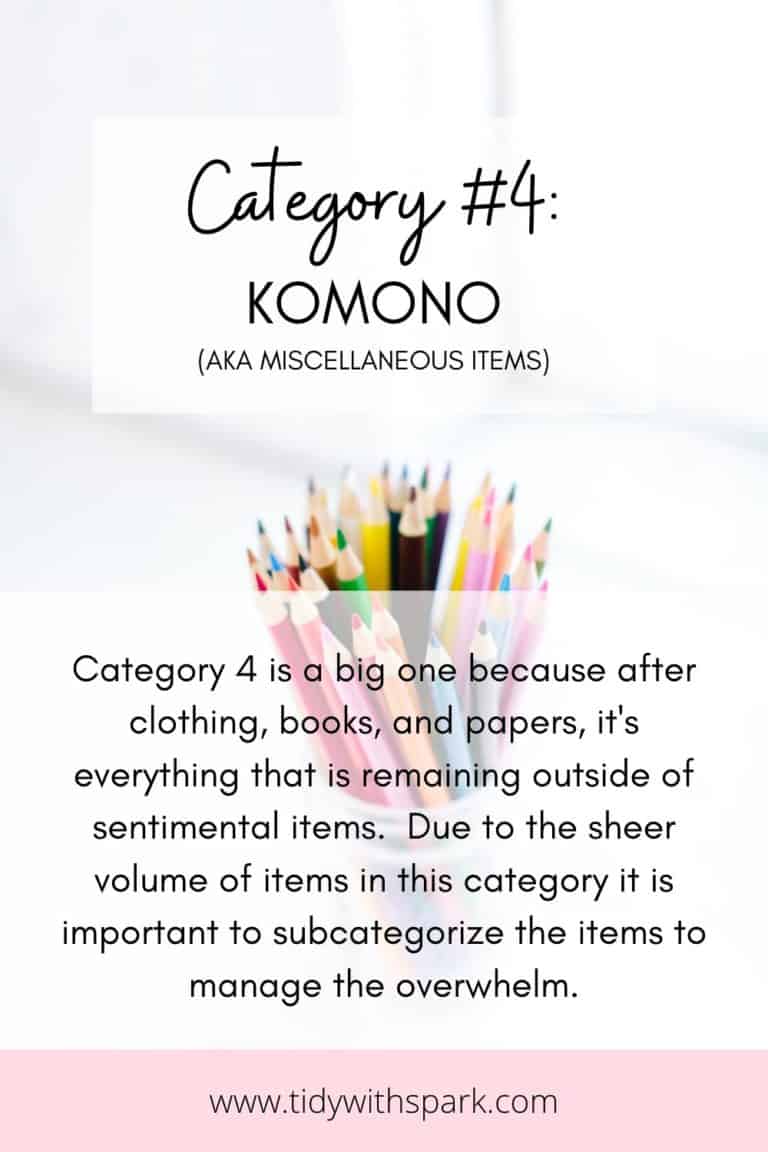 Category 4 Komono colored pencils in jar with text overlay explaining the category of the KonMari method