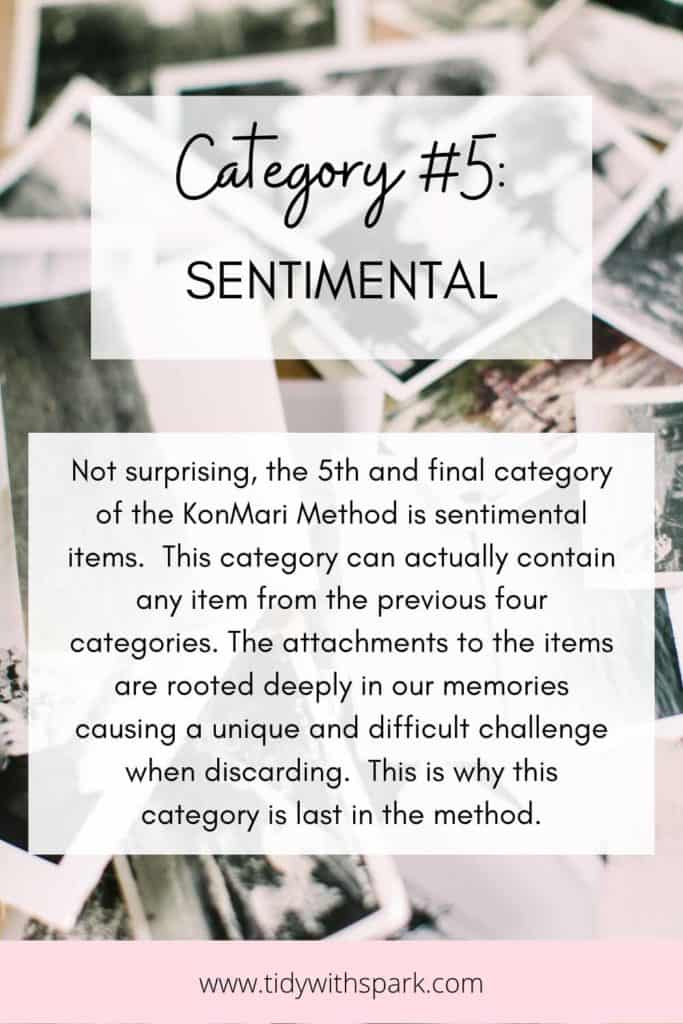 Category 2 sentimental image of photos on desk with text overlay explaining the category of the KonMari method