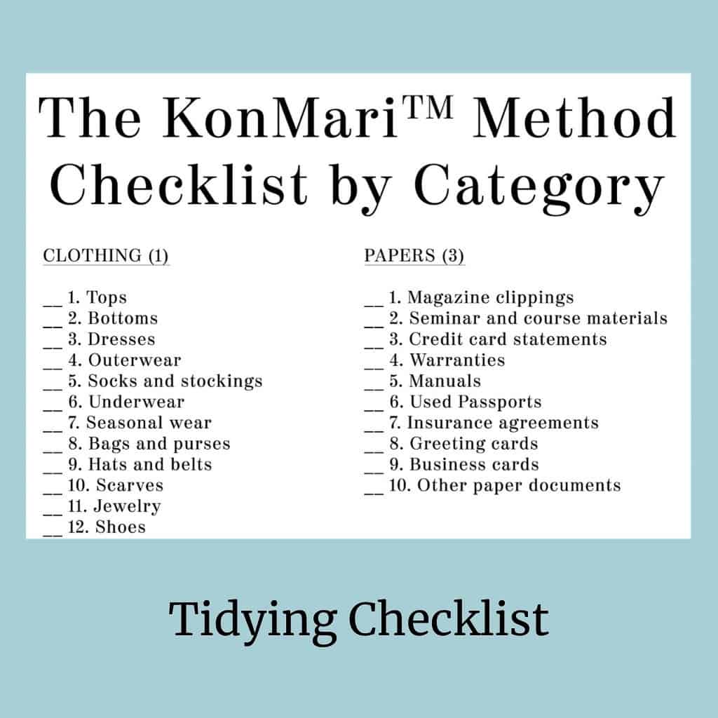 KonMari Tidying Checklist Organization Printable PDF