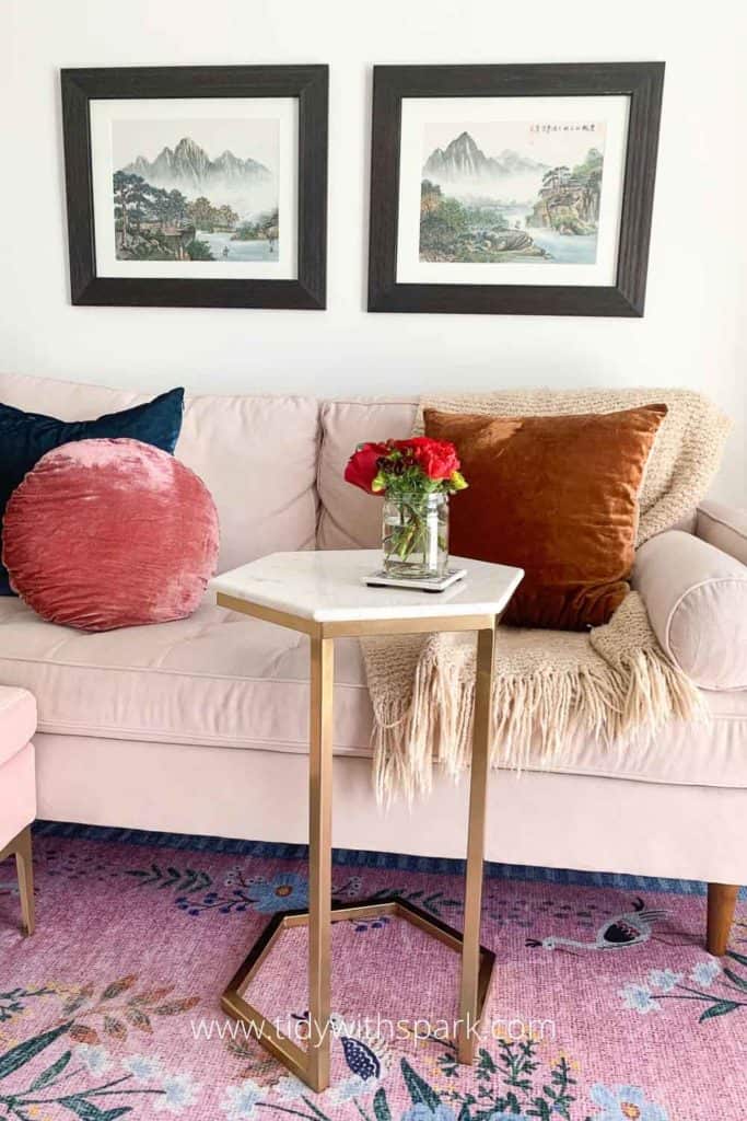 Creating your personal power spot with a home office showing blush sofa with pretty pink rug