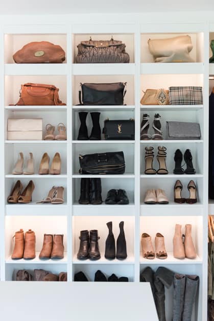organized closet showcasing shoes handbags and accessories