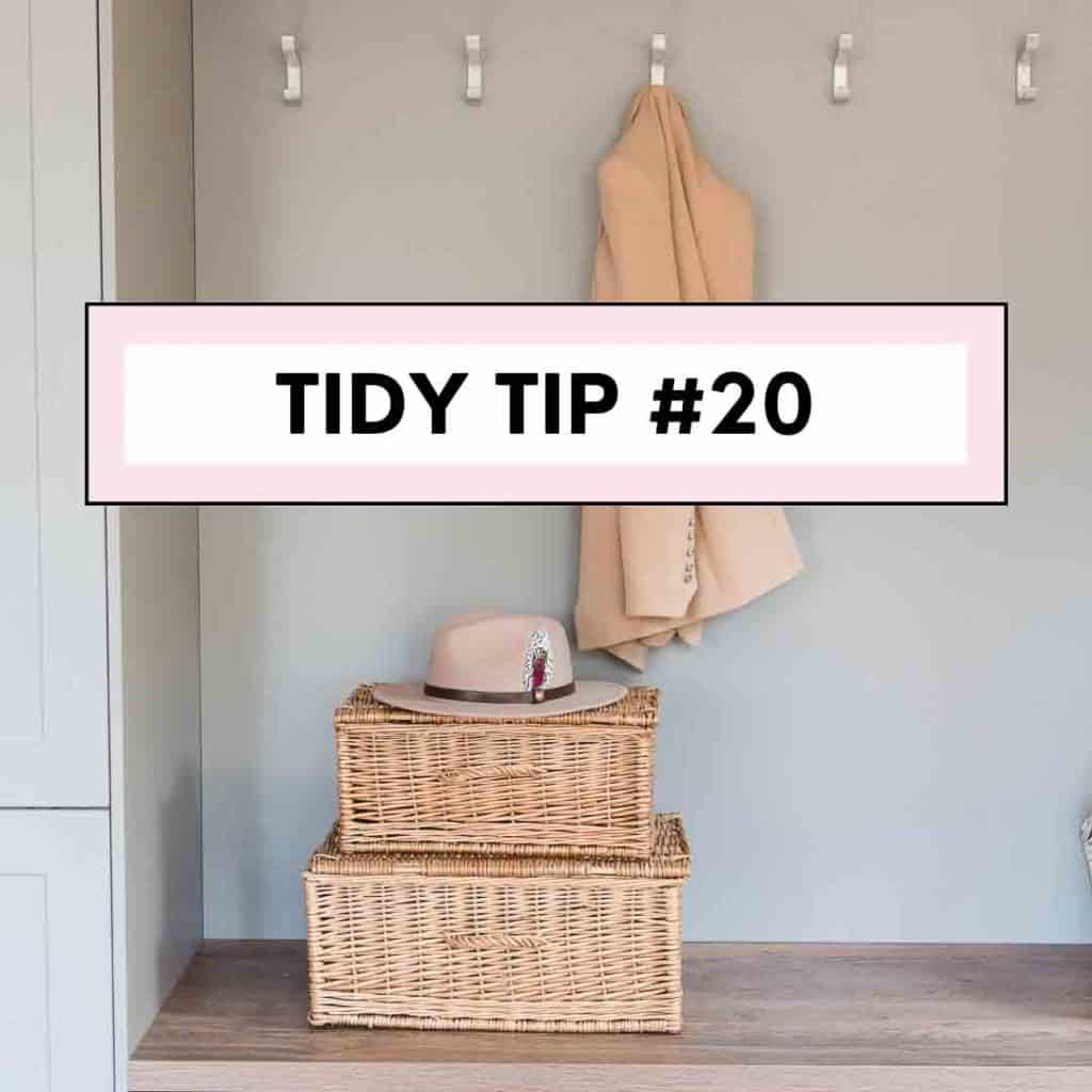 20 tidy tips #20 Jacket hung on hook with woven baskets