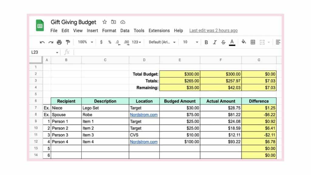 screenshot of Gift Giving Budget