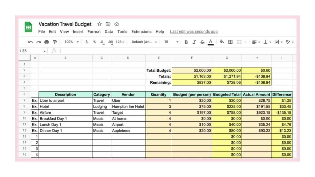 screenshot of vacation travel budget