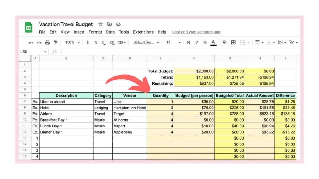 screenshot of vacation travel budget