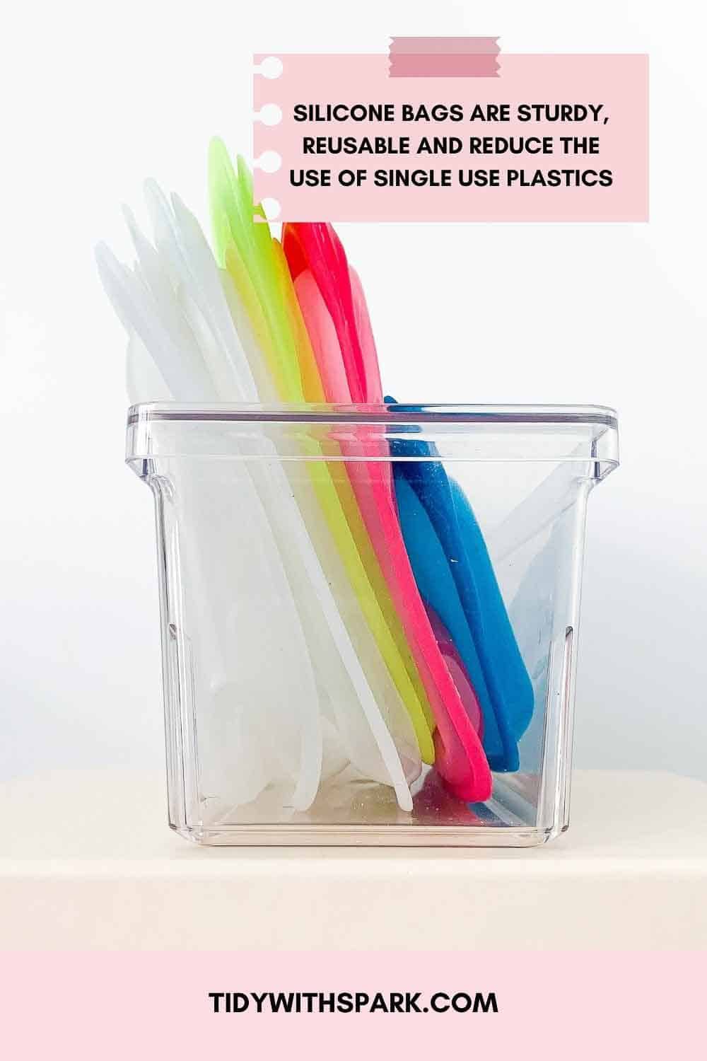Silicone stashed bags standing upright in plastic bin