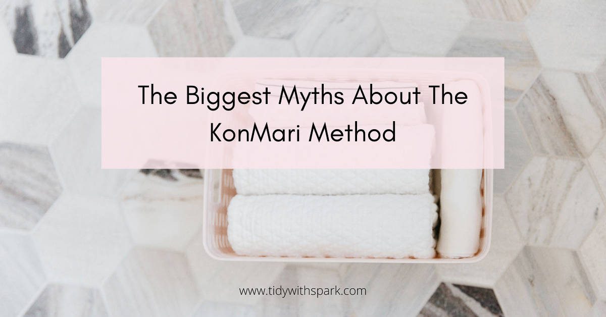 Basket of neatly folded linens with words the biggest myths about the konmari method in text overly